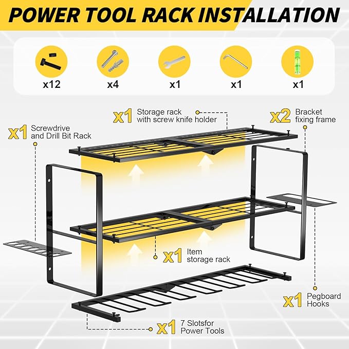 Large Power Tool Organizer Wall Mount,3 Layer Heavy Duty Tool Storage Rack Loads 150lbs,With 7 Cordless Drill Holders,Workshop,Utility Racks for Garage Workshop,Shed - Cool Gifts for Men,Dad,Husband