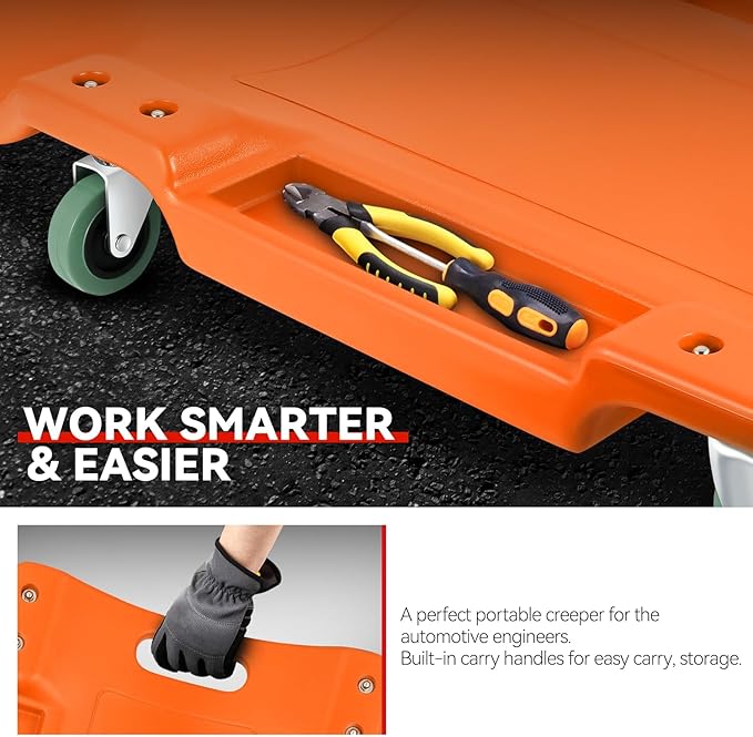 Auto Dynasty 40 Inches Mechanic Creeper, Automotive Garage Repair Low Profile Under Car Rolling Creeper with Padded Headrest, Plastic, Orange