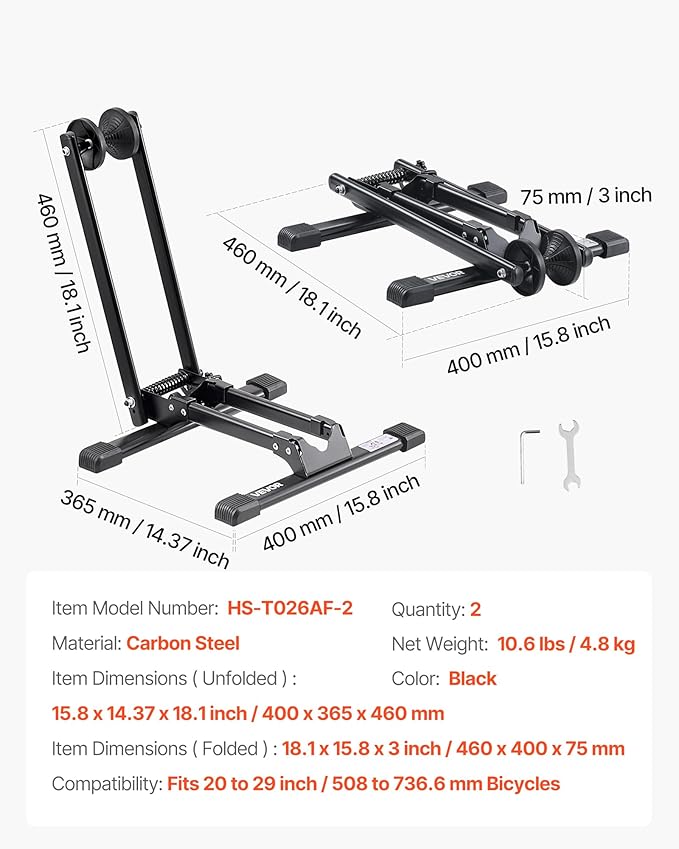 VEVOR Bike Racks 2 Pack, Fits 20 to 29 Inch Mountain & Road Bikes, Alloy Steel Rust-Resistant Bike Floor Stand Rack, Foldable Bicycle Stand for Entryway, Garage, Home Bikes Parking & Storage, Black