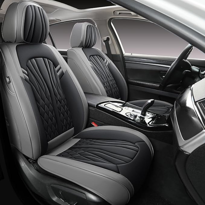 Leather Car Seat Covers,Breathable and Waterproof Faux Leather Automotive Seat Covers for Cars SUV Truck Sedan,Universal Driver Seat Cover Grey&Black