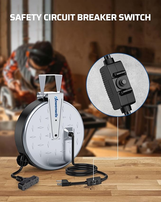 DEWENWILS 30 Ft Retractable Extension Cord Reel, Ceiling/Wall Mount 16/3 Gauge SJTW Power Cord with 3 Electrical Outlets Pigtail for Garage and Shop, 10 Amp Circuit Breaker, Metal Plate, UL Listed
