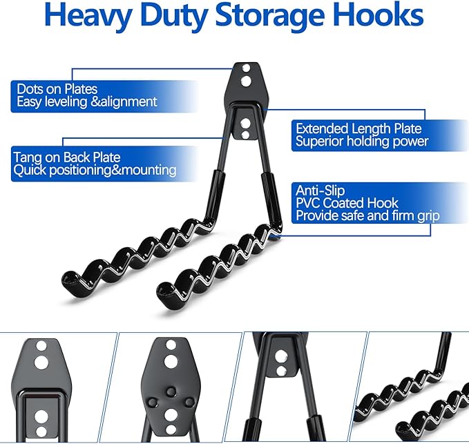 Garage Storage Hooks 14PC, Garage Wall Hooks with 1 Extra Round Strengthen Welding Spot for Hanging & Organizing Shovel, Rake, Chair, Hose(Black)