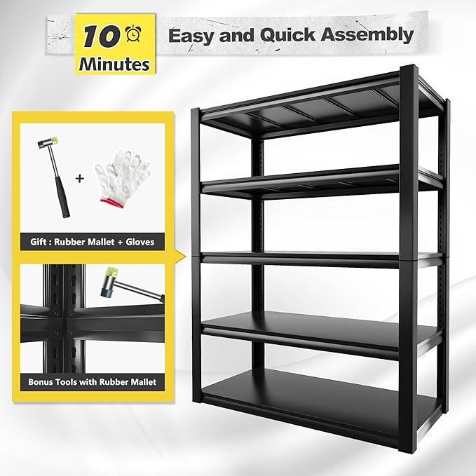 REIBII Garage Shelving Heavy Duty Storage Shelves, Extra Large Adjustable Storage Rack with 5 Tier Metal Shelving Unit, 2500LBS Loads Heavy Duty Shelf, Easy Assembly, 4 Pack