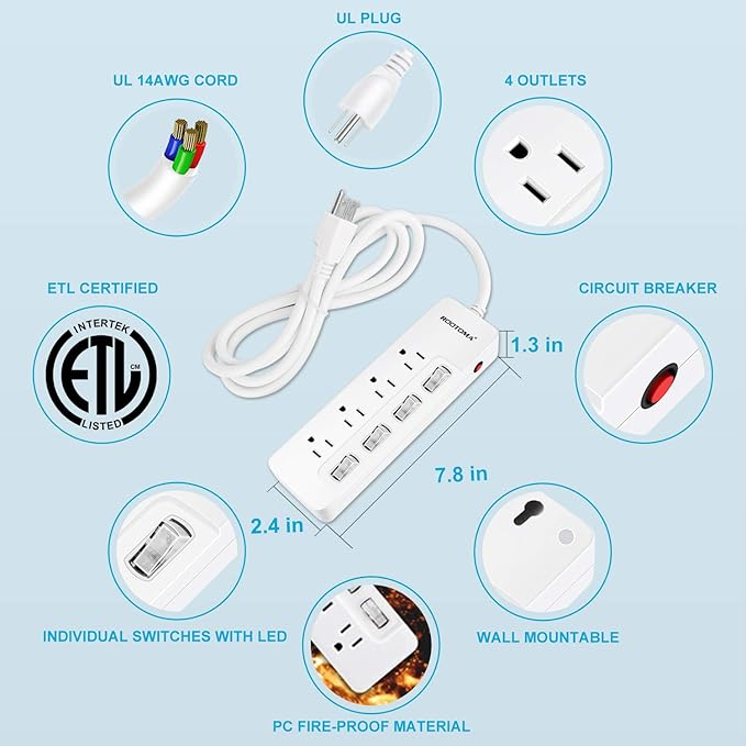 Appliance Extension Cord with Individual Switches on Off - 6 FT, 14 Gauge Heavy Duty Extension Cord with 4 AC Outlets, Wall Mountable, High Wattage for Microwave Workbench Garage Must Have, ETL Listed