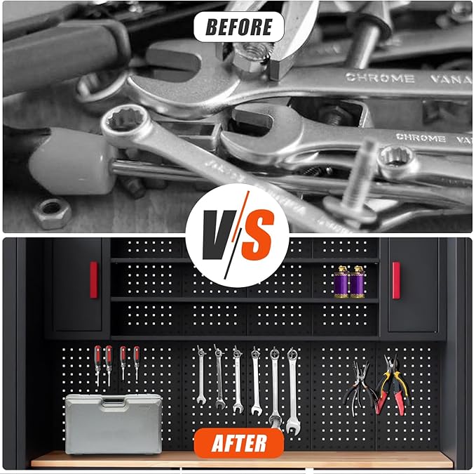 Garage Cabinet Storage System - 9-Piece Workshop Set w/Steel Cabinets & Workbench Includes Rolling Chest & Pegboard | Heavy-Duty Black & Red Tool Organization for Garage/Workshop