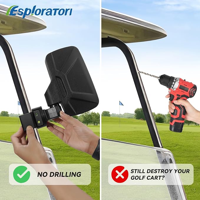 Upgraded Golf Cart Side Mirrors Full Package Tube&No Drilling,Fit for 0.75"-1.35" Square Tube,Adjustable Clips Golf Cart Mirror Compatible with Club Car EZGO Yamaha ICON