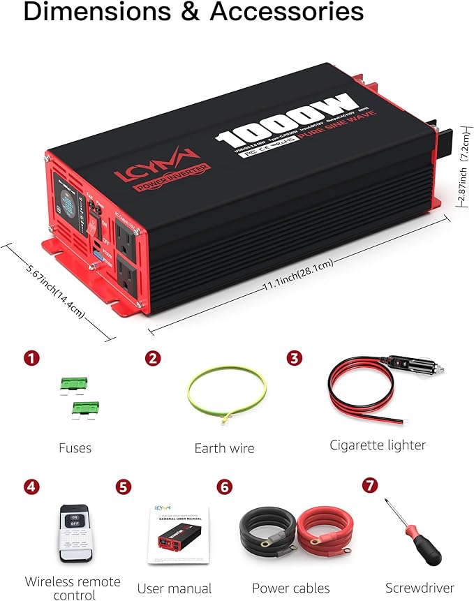1000 Watts Pure Sine Wave Power Inverter 12V DC to 110V 120V AC Converter for Home RV Off Grid Truck Solar System Inverters with Type-C PD30W USB QC3.0 Port 2 AC Outlets LCD Display and Remote Control