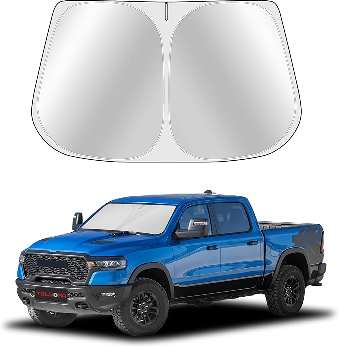 Custom Fit Windshield Sun Shade for Dodge RAM 1500 2019-2025 - Full Coverage, 210T Reflective Fabric, Double-Layer Design - Blocks 99% UV Rays, Keeps Car Cool, Easy to Install and Store