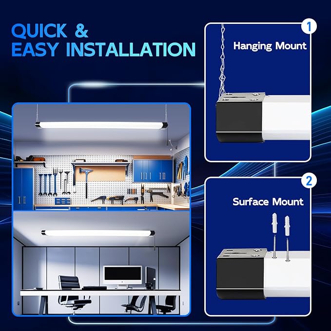hykolity 120W LED Shop Light Linkable,13000lm(400w Equivalent),5000K 4FT Black Utility Shop Lights for Garages,Workshops,Basements,Hanging or Flush Mount with Power Cord and Pull Chain, ETL,4 Pack