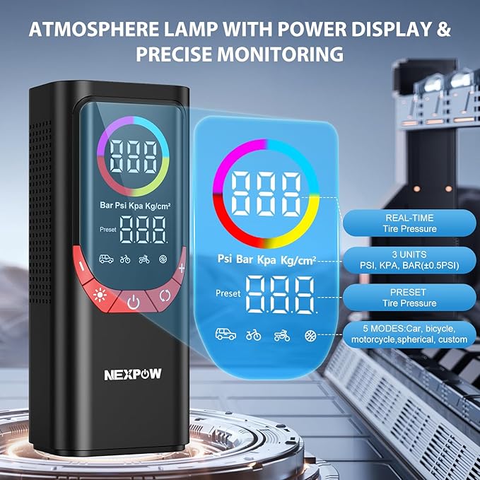 NEXPOW NP17 Portable Air Compressor, 150 PSI Digital Tire Inflator, Fast Inflation with Auto Shut-Off, LED Light, Multiple Nozzles for Car, Bike, and Ball, Compact Design, Red