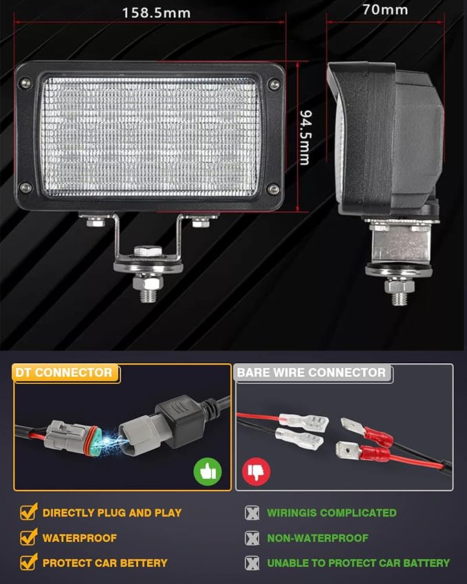 2PACK 6.3IN 45W Led Work Lights 12v/24v 4500LM 6500K Rectangular Foglights,Waterproof Offroad Flood Led Light Bar for Tractor,Truck,Combine,Heavy Equipment,with DT Connector