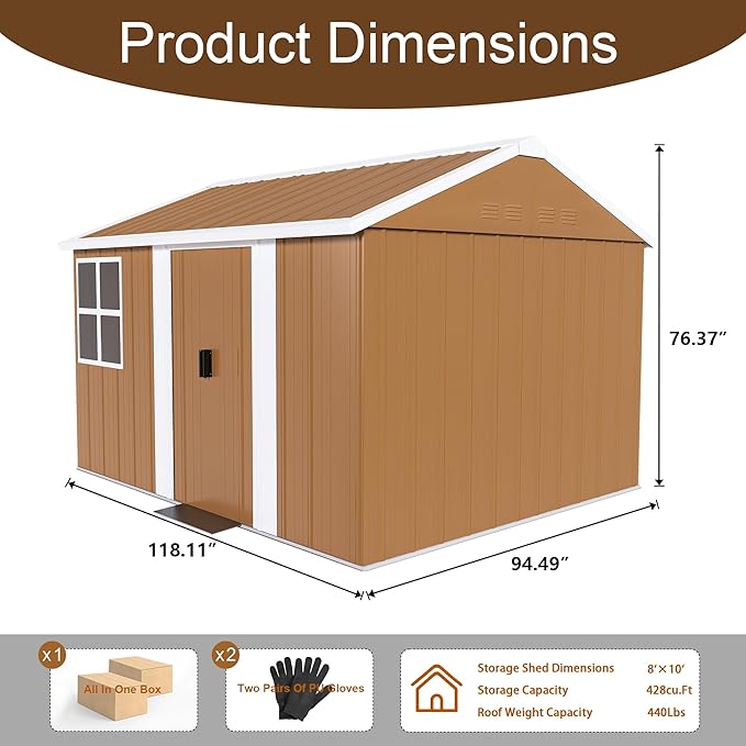 10 x 8 FT Outdoor Storage Shed, Metal Garden Tool Shed with Slooping Roof, Lockable Doors and Windows, All-Weather Weatherproof Blike shed for Garden, Patio, Lawn, Yellow