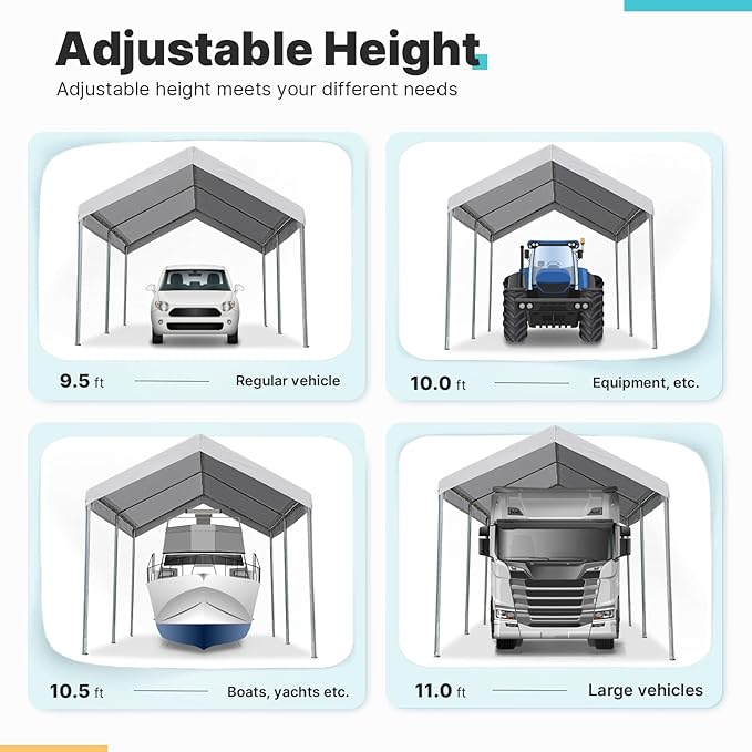 ADVANCE OUTDOOR Adjustable 10x15 ft Heavy Duty Carport Car Canopy Garage Boat Shelter Party Tent, Adjustable Height from 9.5 ft to 11 ft, Gray