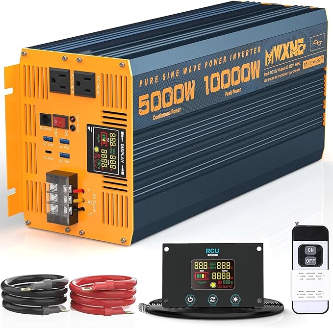 5000 Watt Power Inverter Pure Sine Wave 12V DC to 110V 120V 10000W Peak Heavy Duty Inverter with Remote Control and LED Display, 4 USB/Type-C Ports & 2 AC Outlets Car Charger for Vehicles RV