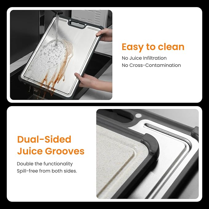 Premium 316 Stainless Steel Cutting Board for Kitchen– Double Sided,Non-Toxic& BPA-Free Chopping Board with Food-Grade Steel &Eco-Friendly Wheat Straw PP,for Meat&Vegetables Healthy Organic Board