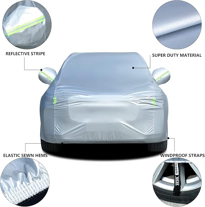 Tecoom Light Shell Breathable Material Classic Zipper Design Waterproof UV-Proof Windproof Car Cover for All Weather Outdoor Fit 170-190 inches SUV Fit for Tesla Model Y Toyota RAV4 Nissan Rogue etc