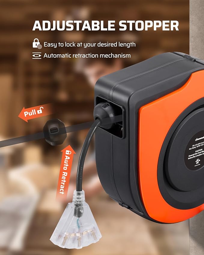 DEWENWILS Retractable Extension Cord Reel, 75 FT Heavy Duty Power Cord, 14/3C SJTOW, Lighted Triple Tap Outlets, 10A Circuit Breaker, Wall/Ceiling Mounted for Garage, Workshop, UL Listed
