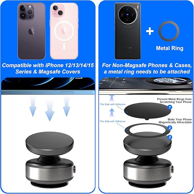 Fostex Vacuum Magnetic Phone Holder Magnet,360 Adjustable Rotatable Magnetic Mount,Electric Vacuum Magnetic Phone Holder,Hands-Free Phone Holders for Your Car iPhone 16/15/14/13/12