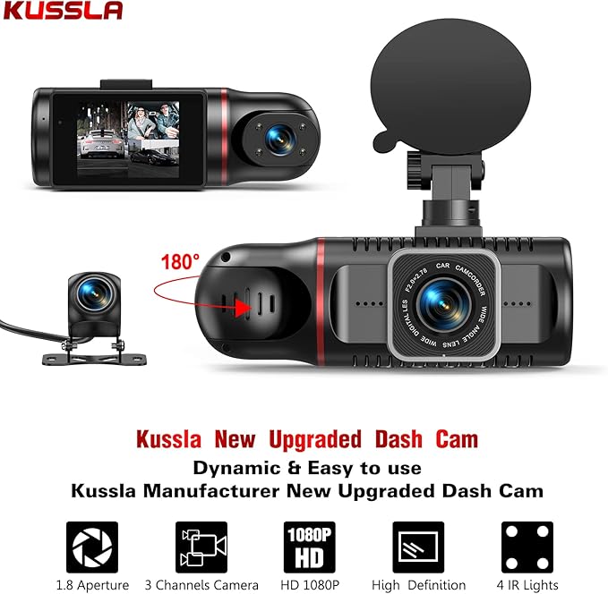 Dash Cam Front and Rear Inside, 1080P 3 Channel Dash Camera for Cars with 64GB Card, Super Night Vision Dashcam, Car Camera with Loop Recording, G-Sensor, WDR, 24H Parking Monitor
