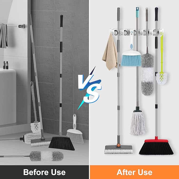 nacena Broom Holder Wall Mount, 2 Packs White Wall Hanging Garden Tool & Utility Closet Organizer Mop & Broom Hook Wall Mounted Heavy Duty Broom and Mop Organizer Wall Hanging for Bathroom, garage