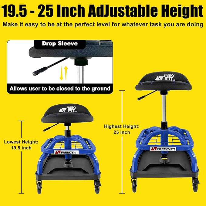 Rolling Shop Stool with Wheels, Garage Work Mechanic Stool with Backrest, Roller Mechanic Chair, Adjustable Height, 360° Swivel, Tool Tray Storage, 330 LBS Capacity, Heavy Duty, Blue