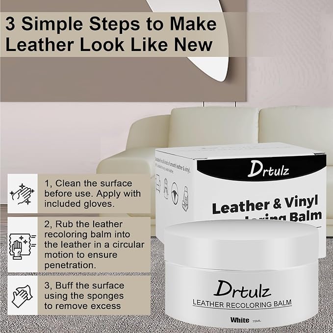 Leather Recoloring Balm, Leather Color Restorer Conditioner, Leather Restorer for Couches Paint, Leather Scratch Remover, Scratch Leather Faded Repair Kits for Vinyl Furniture (White, 75ML)