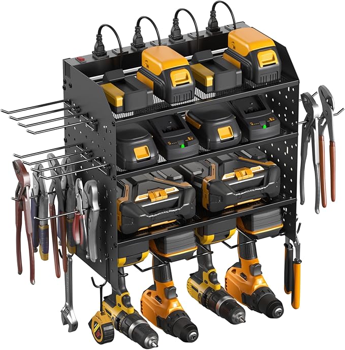 CCCEI Modular Power Tool Organizer with Charging Station. 4 Layer Wall Mount Drills Holder, Tool Battery Charger Organizer. Garage Shop Storage Utility Shelf with 6FT Power Strip, Gift for Men.