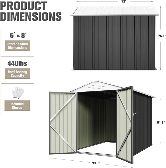 JUMMICO Metal Outdoor Storage Shed 6 x 8 FT Metal Shed with Lockable Door,Waterproof Garden Tool Shed Storage House for Backyard Patio Lawn,Grey