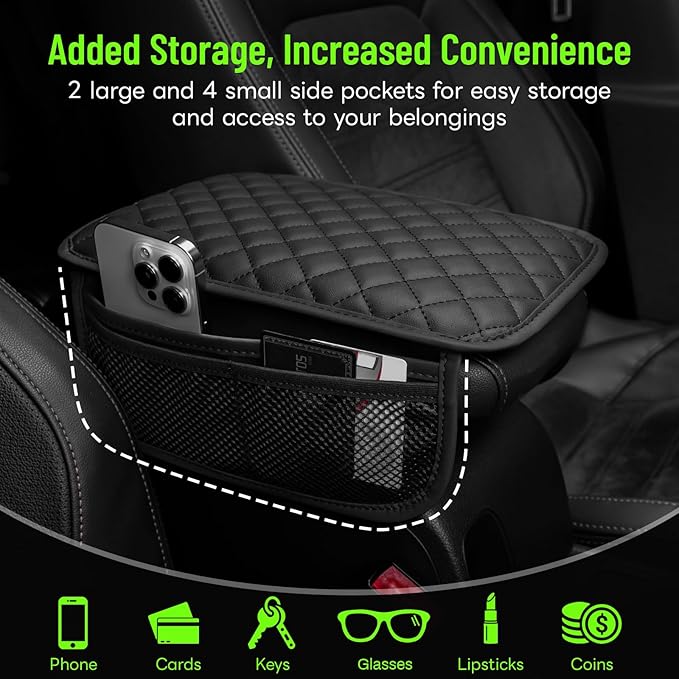 Car Center Console Cover with 6 Storage Pockets, Leather Car Arm Rest Cover Thickened Cushion, Universal Vehicle Armrest Pad Interior Protector, Black