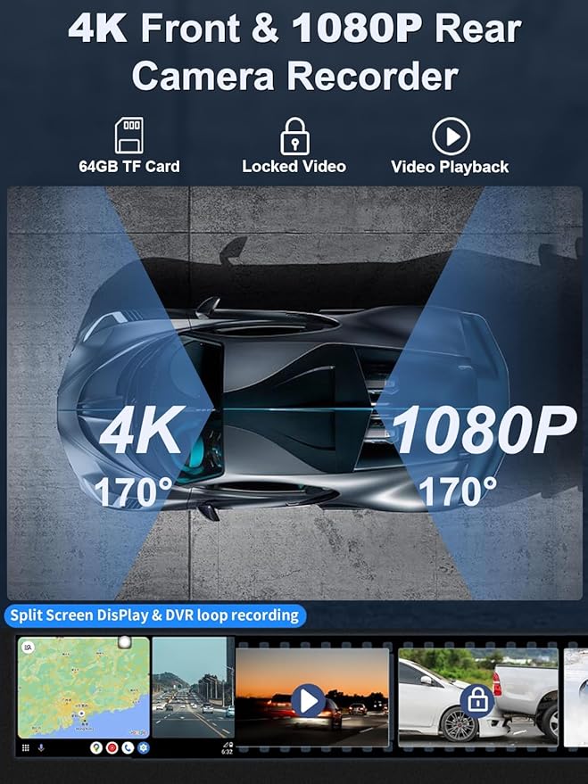 Apple Carplay Screen for Car, 10.26’’ Wireless CarPlay & Android Auto Screen with 4K Dash Cam, 1080P Backup Camera, Car Play Audio Receivers, GPS Navigation/Mirror Link/Bluetooth/FM/Voice Control