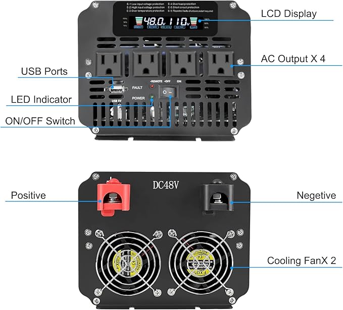 LVYUAN 5000 Watt Power Inverter 48V to 110V 120V for Vehicle, Solar Inverter System, Heavy Duty, RV, Truck, Off Grid,Camping with 4 AC Outlets, LCD Display, Wireless Remote Control, Car Power Inverter