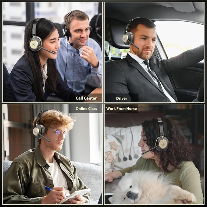 V5.3 Wireless Headset with Mic for Work, 45Hrs Computer Headset with Microphone, Bluetooth Headphones with Noise Cancelling Mic, Charging Base, USB Dongle & Mute Button for PC, Skype, Zoom