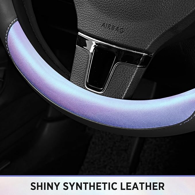 Road Comforts Steering Wheel Cover – Breathable Leather Steering Wheel Cover, Anti-Slip Grip, Universal Fit 14.5” to 15”, Heat & Cold Resistant for Cars, SUVs, and Trucks – Black & Purple