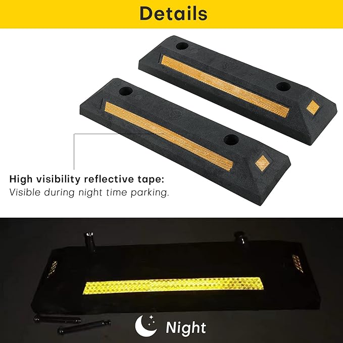 4 Pack Rubber Parking Guide Blocks | Heavy Duty Black Parking Blocks Parking Target Guide with Yellow Reflective Stripes, Wheel Stop Stoppers for Car, Truck, RV, Trailer, and Garage (4 Pack)