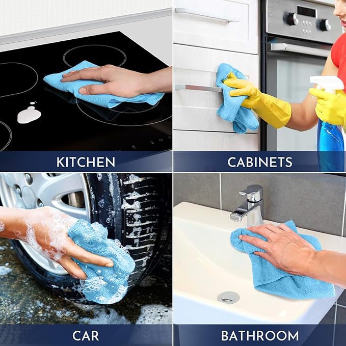 GLIMGLINT Blue Microfiber Cleaning Cloth, 12 Pack Cleaning Towels for Kitchen, Lint Free, Scratch-Free, Highly Absorbent, and Reusable Cleaning Rags for House, Window and Glass, Cars, 14"X12"