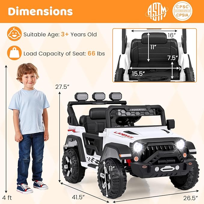 Costzon Kids Ride on Truck, 12V Electric Ride on Car with Remote Control, 3 Speed & Spring Suspension, Wireless Connection, USB, Music, Light, Kids Ride on Toys for Boys Girls (White)