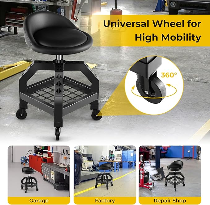 S AFSTAR Shop Stool with Wheels, Height Adjustable Garage Stool with 4 Universal Wheels & Tool Tray, 330 LBS Capacity, Heavy Duty Creeper Chair Seat Rolling Mechanic Stool for Garage Workshop (Black)