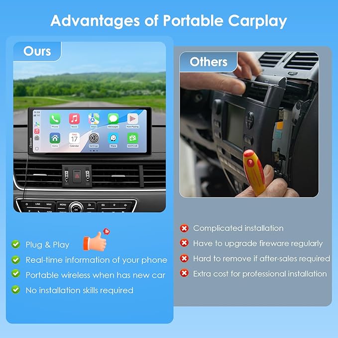 CARPURIDE 10.26 Inch Wireless/Wired Apple CarPlay, Android Auto and Mirror Link - 1600 * 600 IPS Touch Screen Portable Car Stereo, Bluetooth Audio, Siri, Navigation Car Screen for All Vehicles
