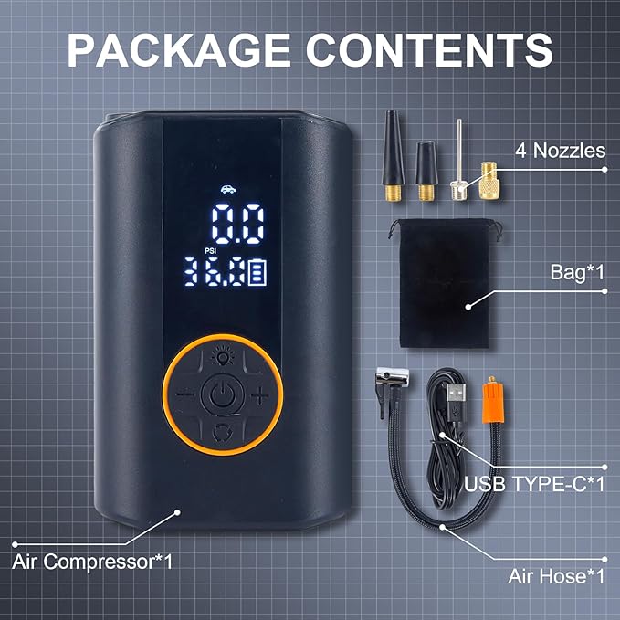 Tire Inflator Portable Air Compressor Cordless Rechargeable Mini Air Pump, with Digital Pressure Gauge & LED Lights, 150PSI Max Tire Pump for Motorcycles Bikes Cars Balls
