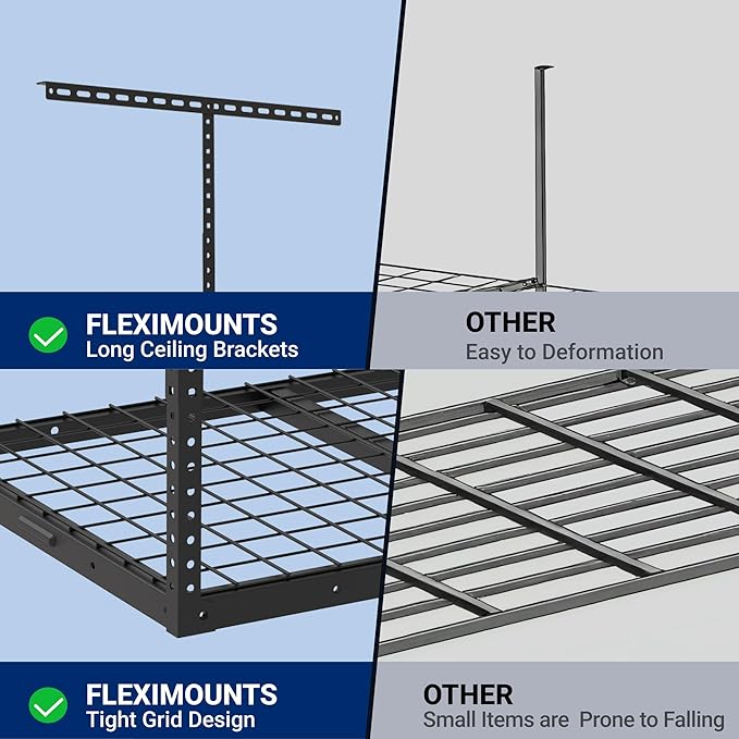FLEXIMOUNTS 2x3 Overhead Garage Storage Rack, Adjustable Organization System, Heavy-Duty Metal Ceiling Racks, 155lbs Weight Capacity, Black