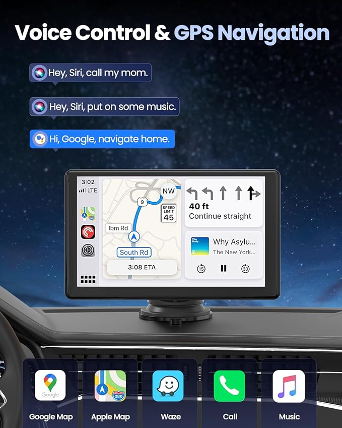 Wireless Carplay Screen for Car with 5K Dash Cam, 9" Portable Apple CarPlay & Android Auto Car Stereo with 1080p Backup Camera, Bluetooth/GPS Navigation/Voice Control/Mirror Link