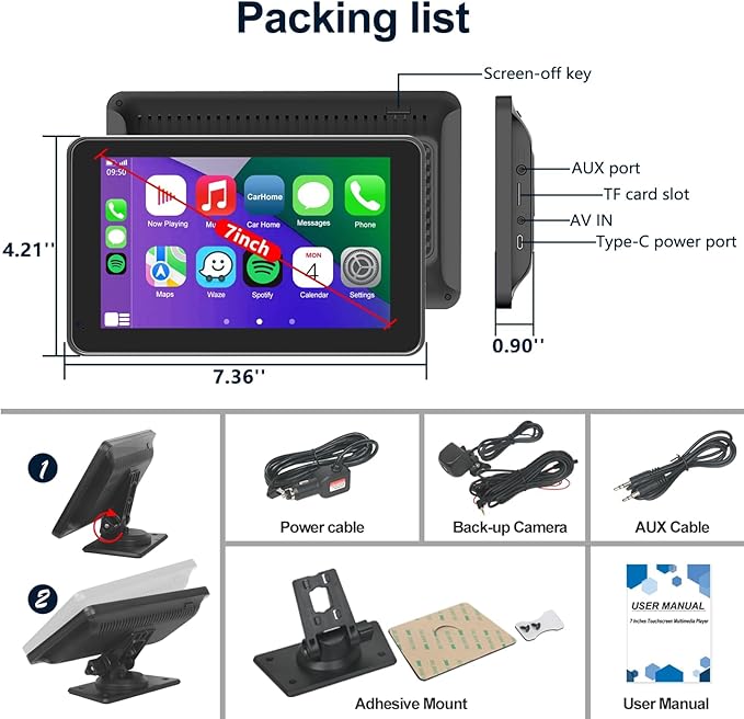 Portable Apple Carplay/Android Auto Screen for Car, 7 Inch HD Touch Screen Wireless Car Play with Backup Camera, Voice Control, BT, FM, Mirror Link for All Vehicle