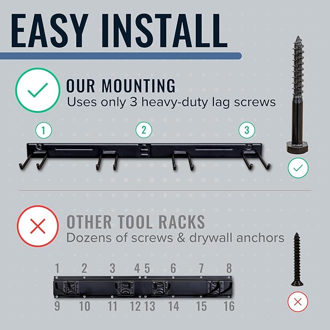 StoreYourBoard Wall-Mounted Rack With 4 Garage Hooks – Heavy-Duty Steel Holder Garage & Garden Storage for Shed, Workshop, or Home Organization – For Rakes, Shovels, Tools & More – 1 Pack, Mud