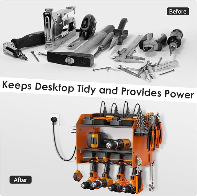 CCCEI Modular Power Tool Organizer Wall Mount with Charging Station. Garage 4 Drill Storage Shelf with Hooks, Drill Bit Heavy Duty Rack, Orange Tool Battery Holder Built in 8 Outlet Power Strip.