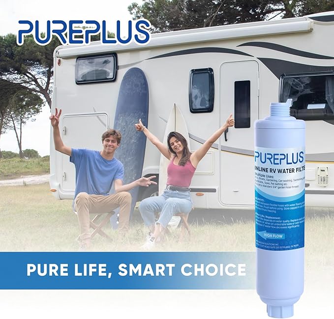 PUREPLUS RV Water Filter System for Garden, Pool, Spa, RV, Camper, Marine, Boat Hose, for Drinking, Car Washing, Gardening, Planting, Reduces Chlorine, Heavy Metals, Odors, 2PACK