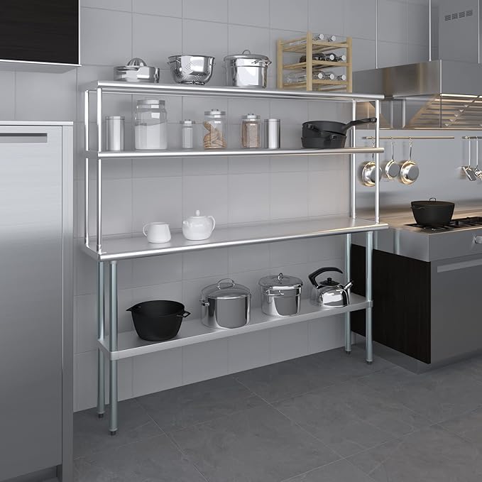 Amgood Stainless Steel Work Table Double Tier Overshelf | NSF (14" x 72" Work Table + 12" Overshelf)