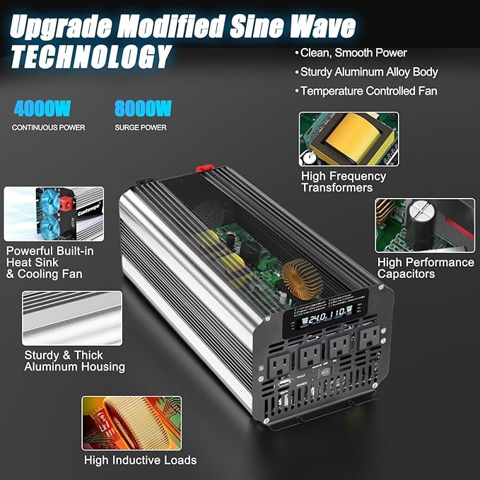 4000 Watt Power Inverter, Car Inverter 24V DC to 110V/120V AC Converter with LCD Display, 4 AC Outlets, USB Port & Remote Controller for RV, Truck, Off-Grid Solar System