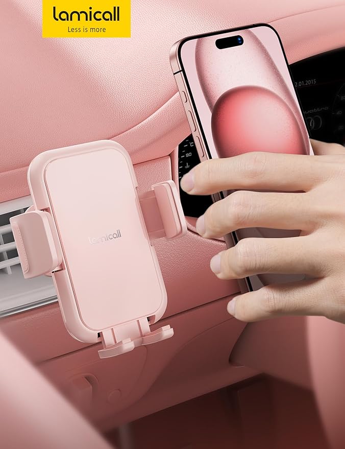 Lamicall 2025 Wider Clamp & Metal Hook Car Phone Holder Vent [Thick Cases Friendly] Phone Holders for Your Car Mount Automobile Hands Free Cradle Air Vent Pink