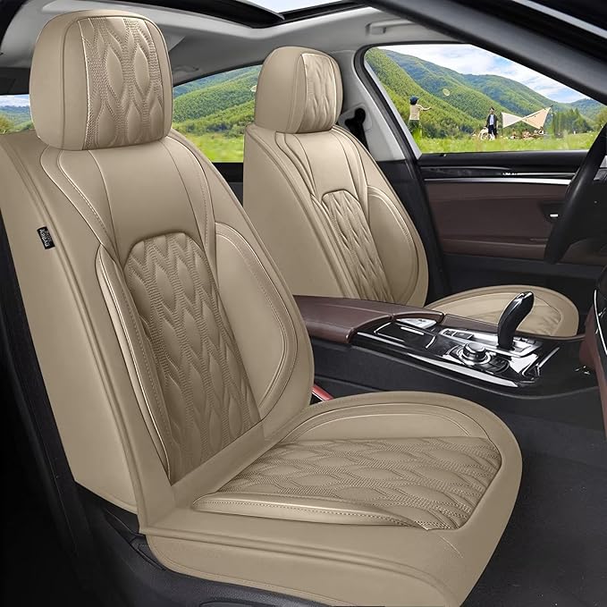 2 Front Car Seat Covers Fit for Toyota Camry 2012-2025: Faux Leather Automotive Seat Covers Waterproof Vehicle Seat Protector with Compatible Airbag (2 Seats, Beige)