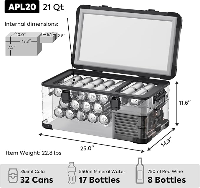 ICECO APL20 Portable Refrigerator, 21 Qts 12 Volt Fridge Freezer, Aluminum Car Fridge with SECOP Nano Compressor, Electric Cooler Powered by AC/DC or Solar, -4℉~68℉, Refrigerator for Vehicles, RV